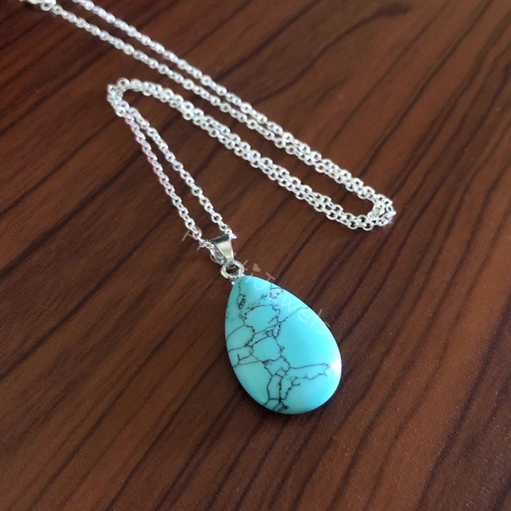 New Handmade 925 Sterling Silver Natural Turquoise Water Drop Necklace - Picture 10 of 15